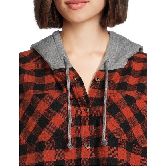 TIME and TRU Womens Flannel Hoodie Shirt Cropped Size Medium 8-10 Pockets New - Picture 4 of 8